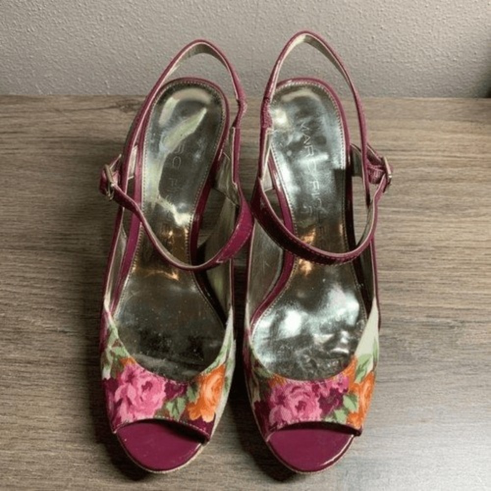 MARC FISHER Plum Floral Patent Leather Platform Slingback Heels Size 6M